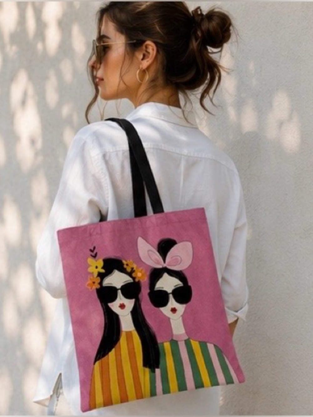 Pink Illustrated Women’s Canvas Tote Bag with Black Handles 💗😎